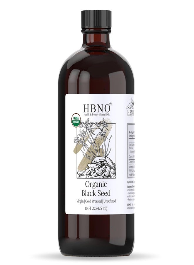 HBNO Organic Black Seed Oil - Huge 16 oz (475ml) Glass Bottle Value Size - USDA Certified Organic Black Seed Oil, Cold Pressed for Face, Body, Lips, Shampoo & Conditioner - Image 1